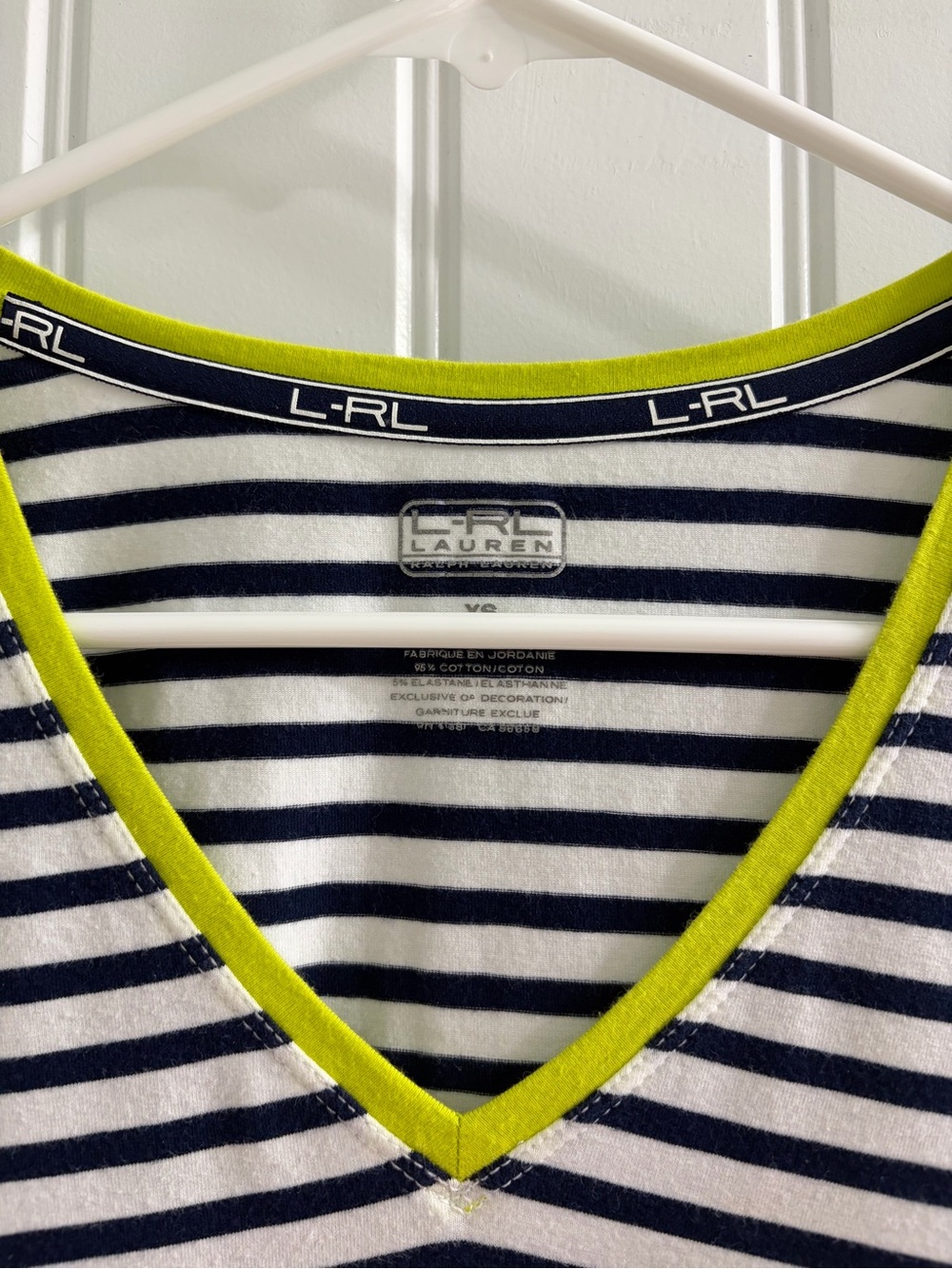 Lauren Ralph Lauren Navy and White Striped V‑Neck Long Sleeve Top with Lime Trim - Picture 2 of 5
